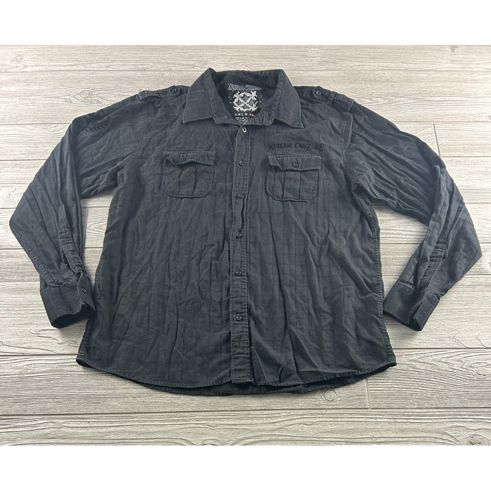 Xtreme Couture Platinum Mens XXL Black Plaid Velvet Button Up Shirt Y2K Slim Fit